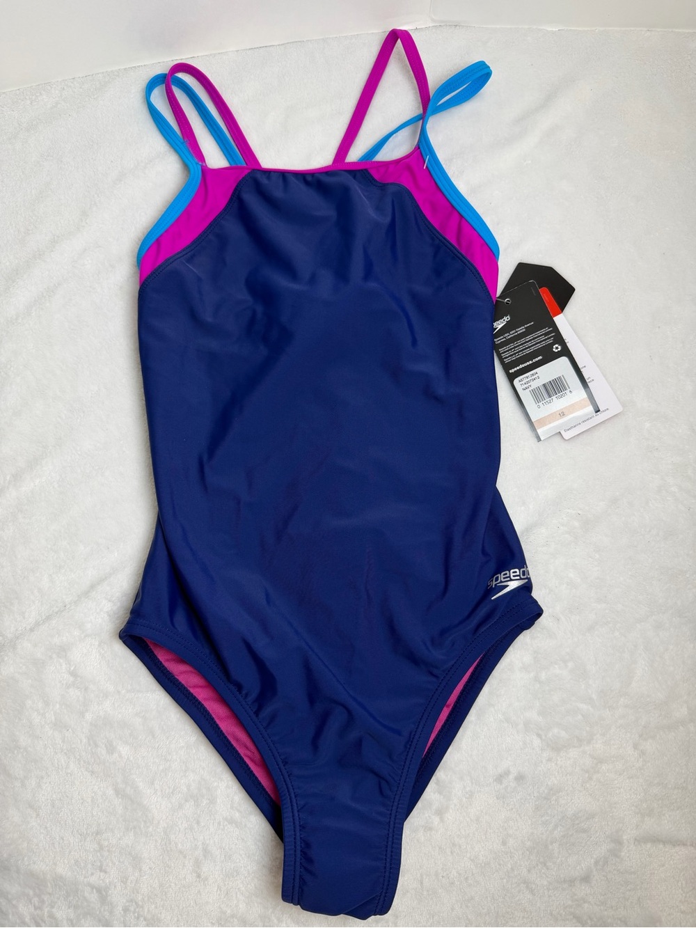 Speedo Girls' Navy Blue One-Piece Swimsuit with Pink & Teal Trim Size 12